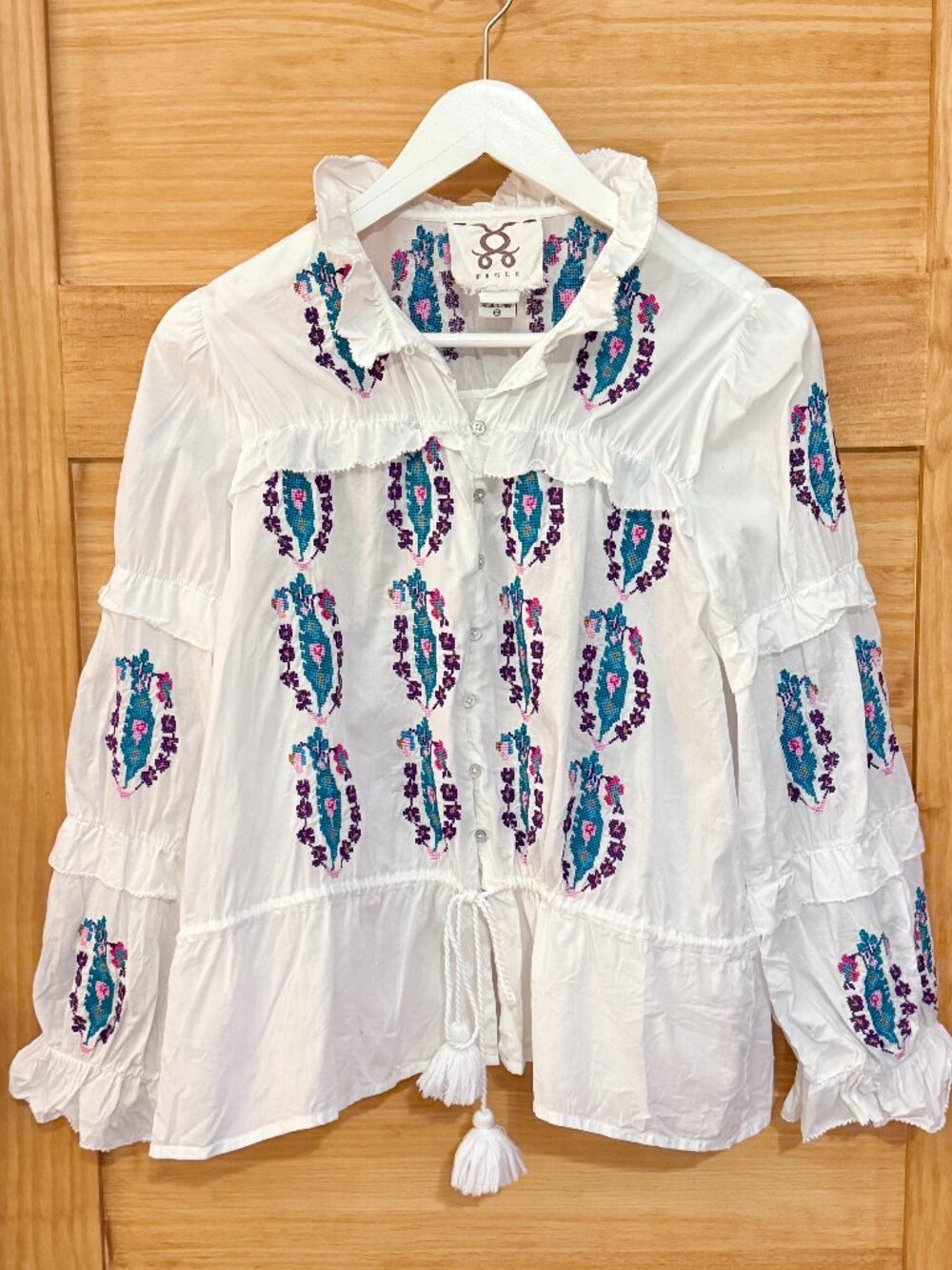 FIGUE Cotton Ruffled Tiered Embroidered Pom Pom Boho Blouse Women's size M